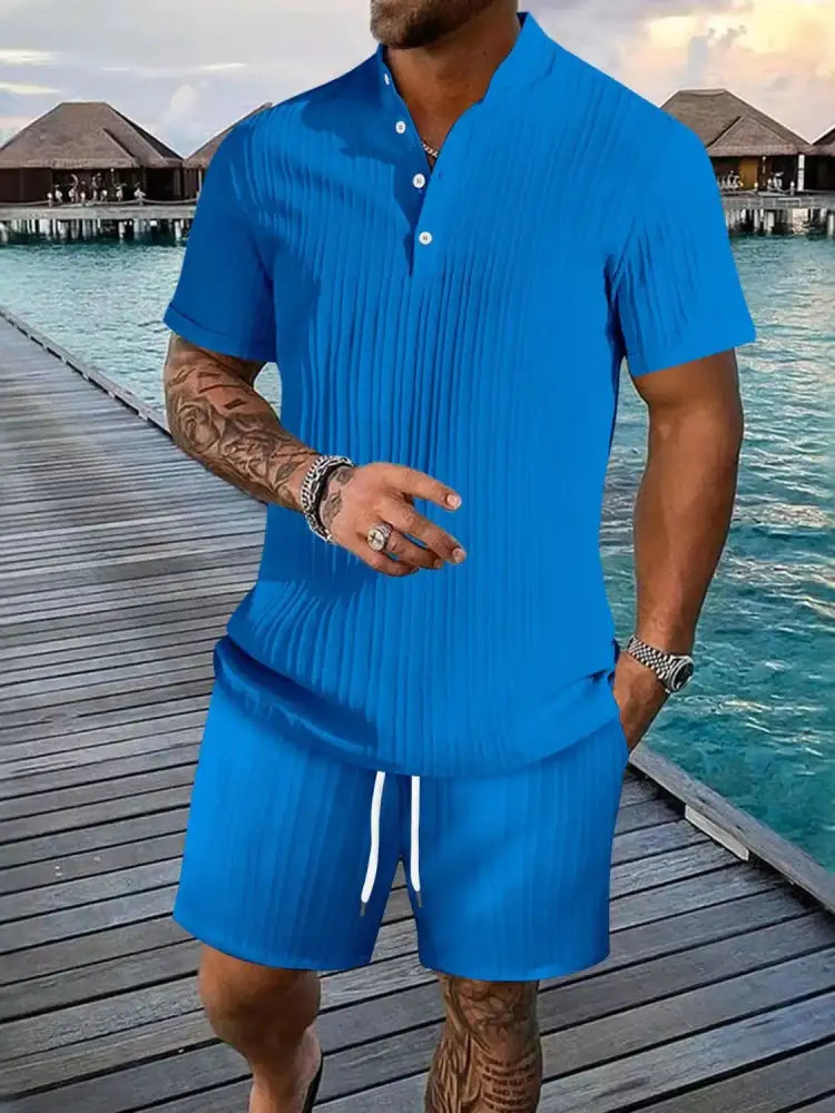 Men’s Full Size Button Detail Short Sleeve Top and Shorts Set Plus Size - royal blue pleated short-sleeve shirt