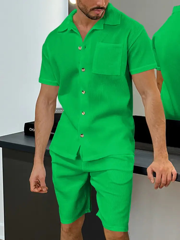 Men’s Full Size Button Up Top and Shorts Set - White | green polo shirt shorts knit