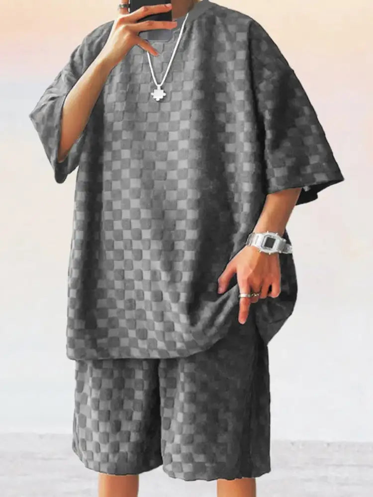 Men’s Full Size Checkered Pattern Casual Top and Shorts Two-Piece Set Plus Size - checkered gray black shorts set