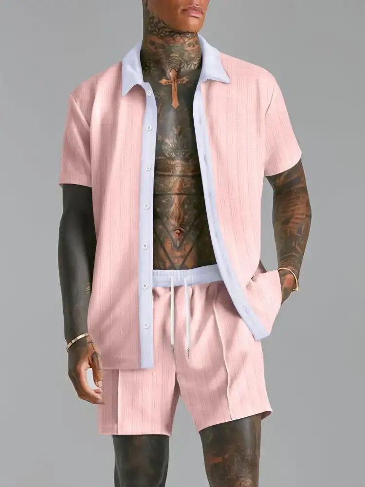 Men’s Full Size Collared Neck Short Sleeve Top and Shorts Set Plus Size - pink white button-up shirt shorts