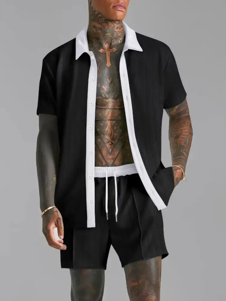 Men’s Full Size Collared Neck Short Sleeve Top and Shorts Set Plus Size - black white short sleeve shirt
