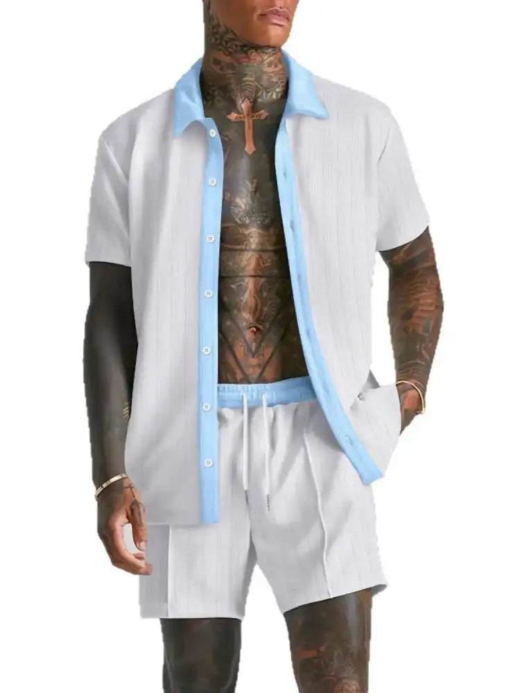 Men’s Full Size Collared Neck Short Sleeve Top and Shorts Set Plus Size - white light blue button-down shirt