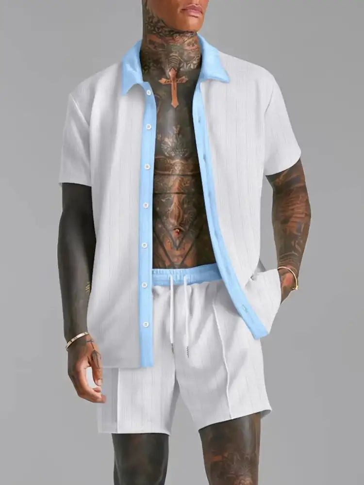 Men’s Full Size Collared Neck Short Sleeve Top and Shorts Set Plus Size - white light blue button-up shirt