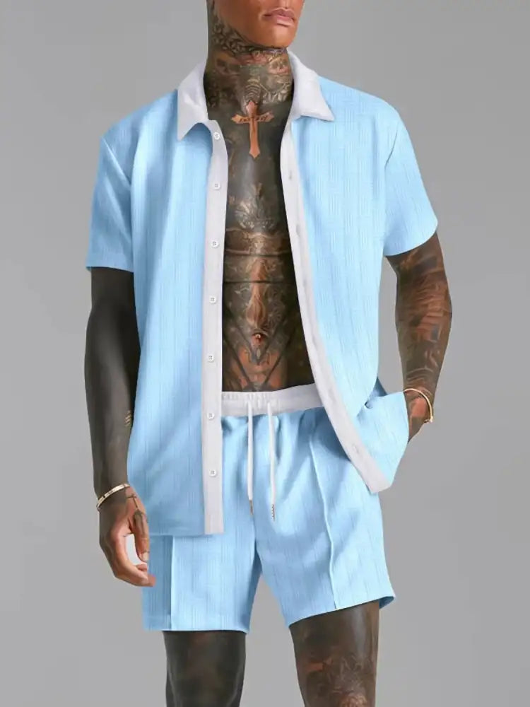 Men’s Full Size Collared Neck Short Sleeve Top and Shorts Set Plus Size - light blue short-sleeved button-up shirt