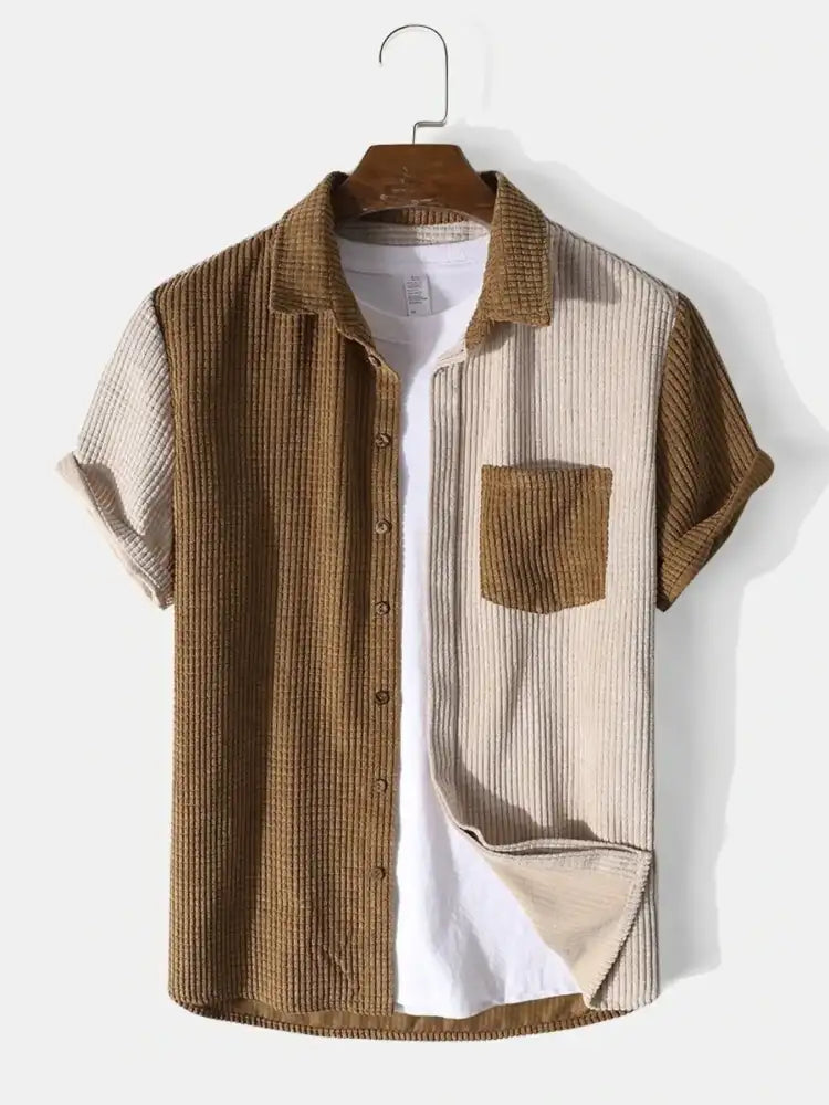 Men’s Full Size Color Block Button Up Shirt and Shorts Set Plus Size - brown corduroy short-sleeved button-up shirt