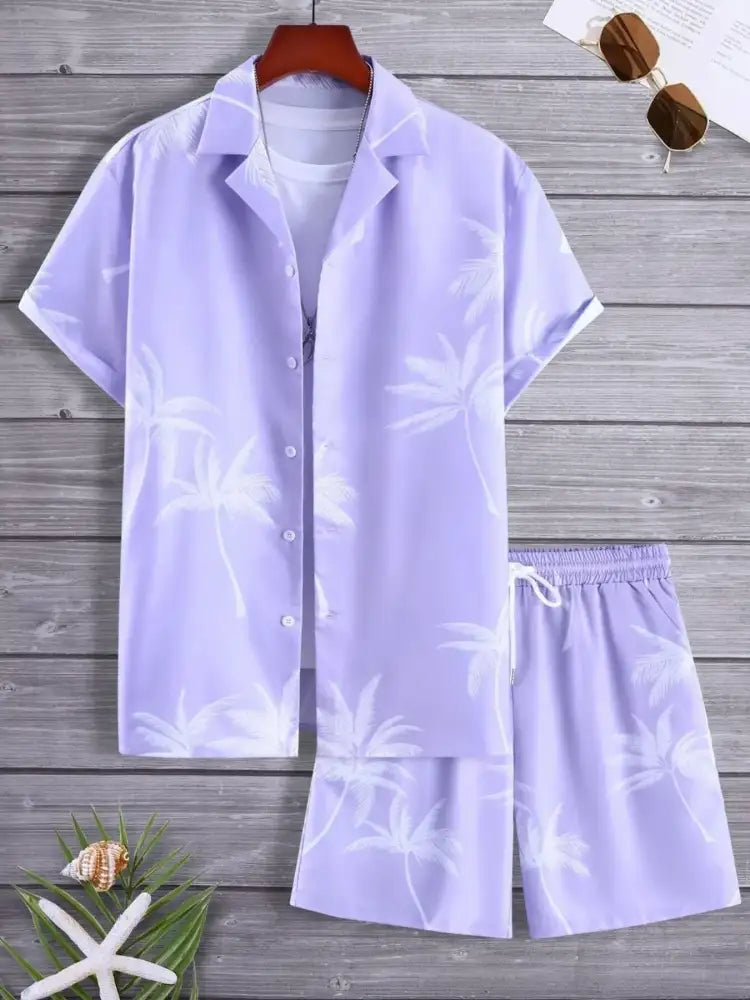 Men’s Full Size Palm Print Shirt and Shorts Set - Floral | lavender palm tree print pajama