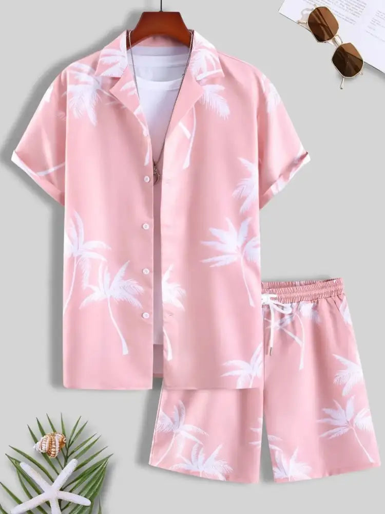 Men’s Full Size Palm Print Shirt and Shorts Set - Floral | pink palm tree print pajama