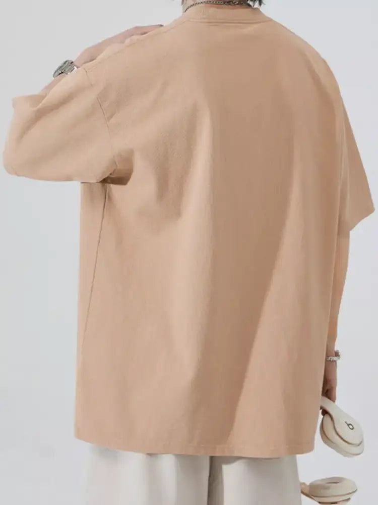 Men’s Full Size Round Neck Half Sleeve T-Shirt Plus Size - beige oversized short-sleeved shirt pocket