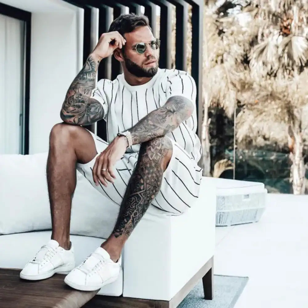 Men’s Full Size Striped Casual Top and Shorts - Striped | white leather low-top sneakers lace-up