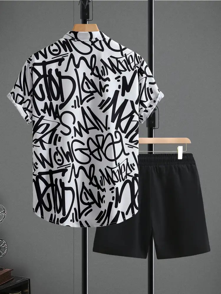 Men’s Letter Print Shirt and Shots Set - black white graphic tee short