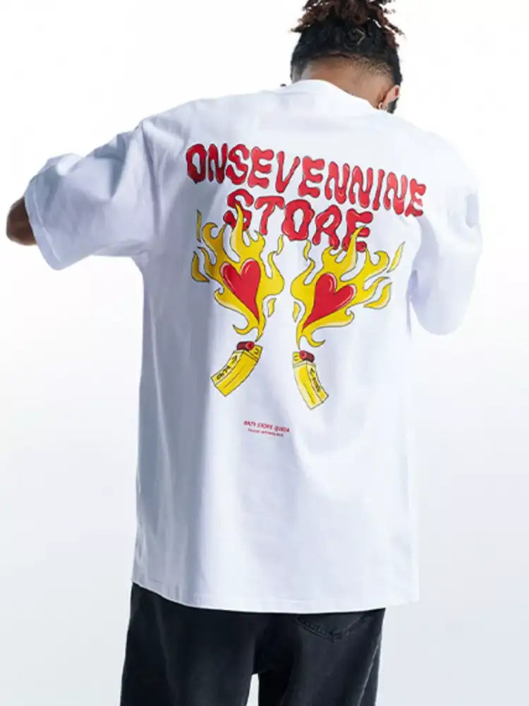 Men’s Oversized Round Neck Graphic T-Shirt - white oversized t-shirt flame heart