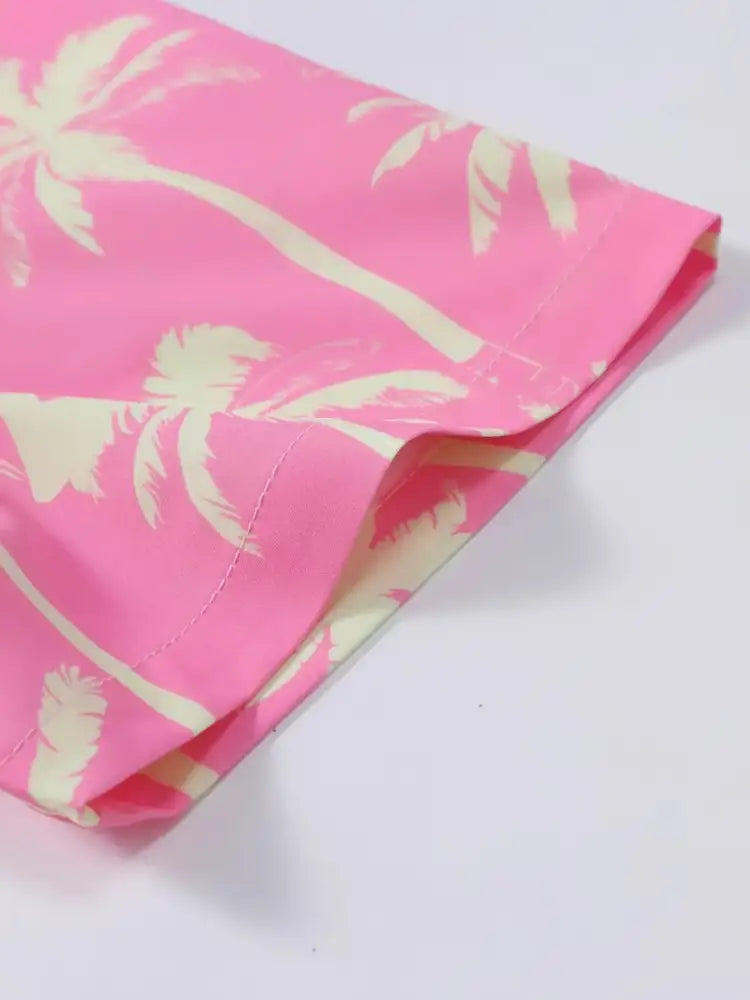 Men’s Palm Tree Print Top and Shorts Summer Set - pink palm tree patterned fabric