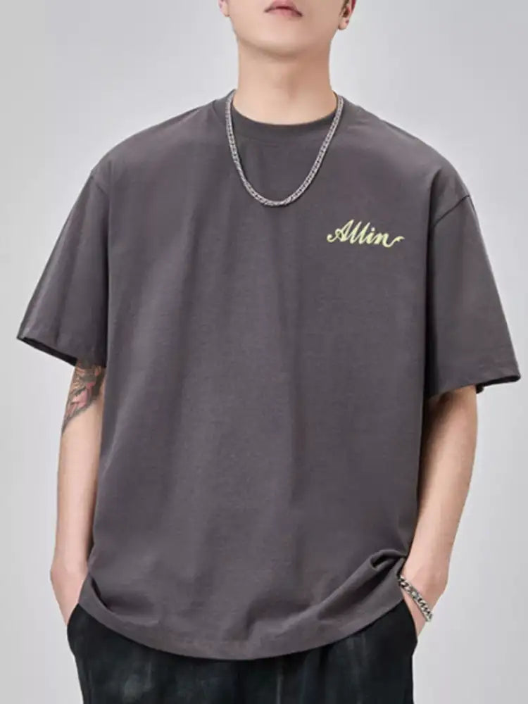 Men’s Plus Size Basic Style Round Neck T-Shirt - charcoal gray oversized t-shirt embroidered
