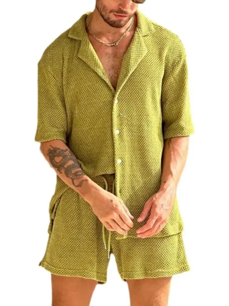 Men’s Plus Size Button Down Half Sleeve Top and Shorts Set - olive green woven romper button-down