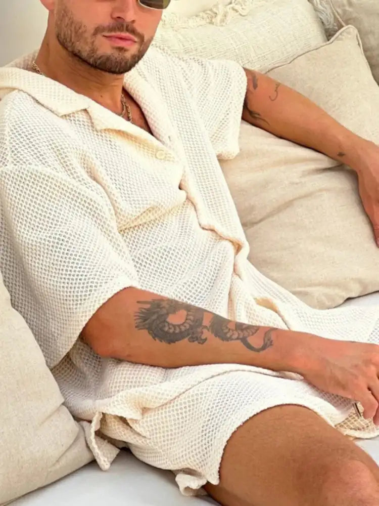 Men’s Plus Size Button Down Half Sleeve Top and Shorts Set - cream waffle weave bathrobe hood
