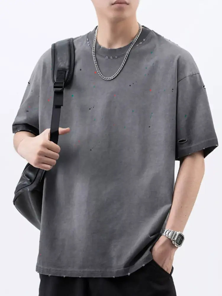 Men’s Plus Size Distressed Round Neck Short Sleeve T-Shirt