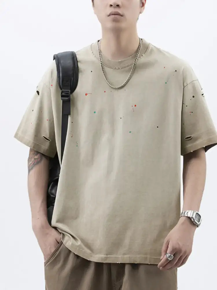 Men’s Plus Size Distressed Round Neck Short Sleeve T-Shirt