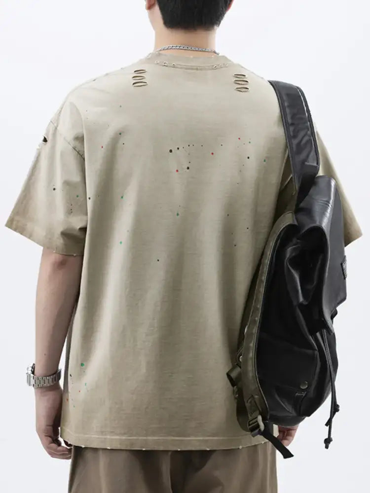 Men’s Plus Size Distressed Round Neck Short Sleeve T-Shirt