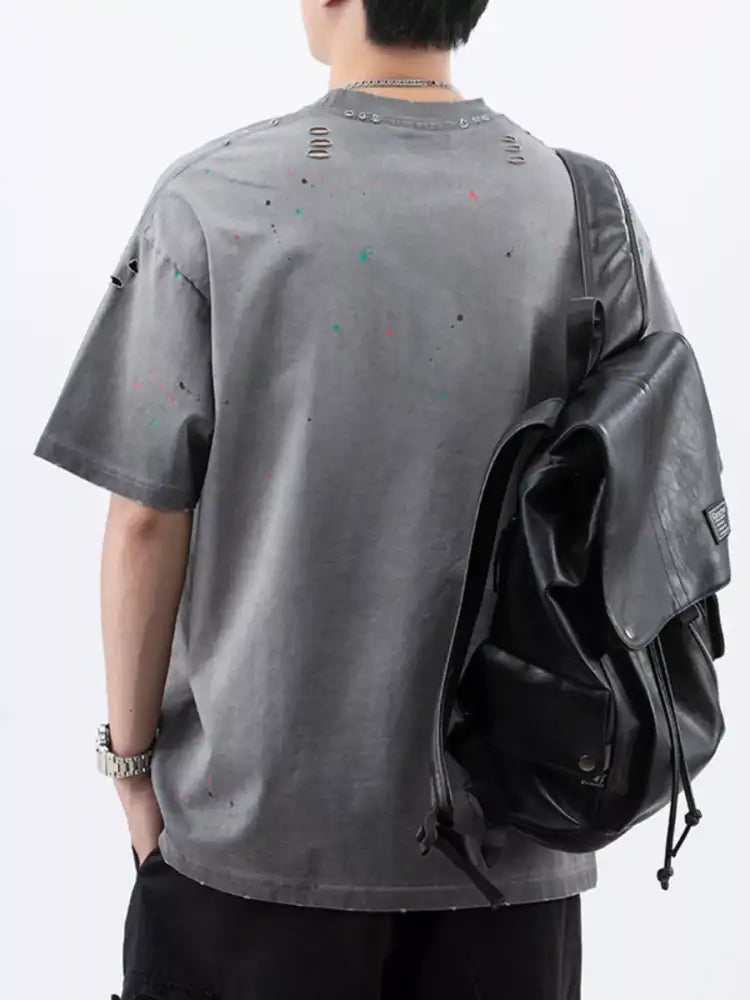 Men’s Plus Size Distressed Round Neck Short Sleeve T-Shirt