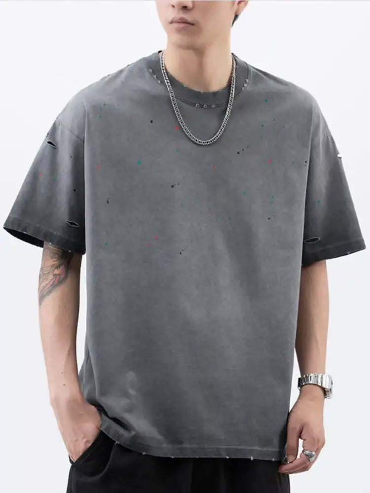 Men’s Plus Size Distressed Round Neck Short Sleeve T-Shirt