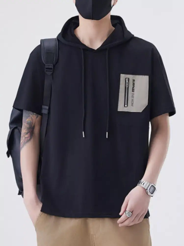 Men’s Plus Size Drawstring Short Sleeve Hooded Top