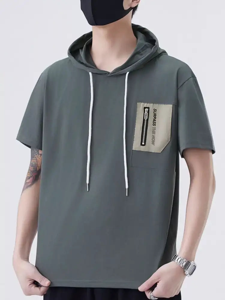Men’s Plus Size Drawstring Short Sleeve Hooded Top