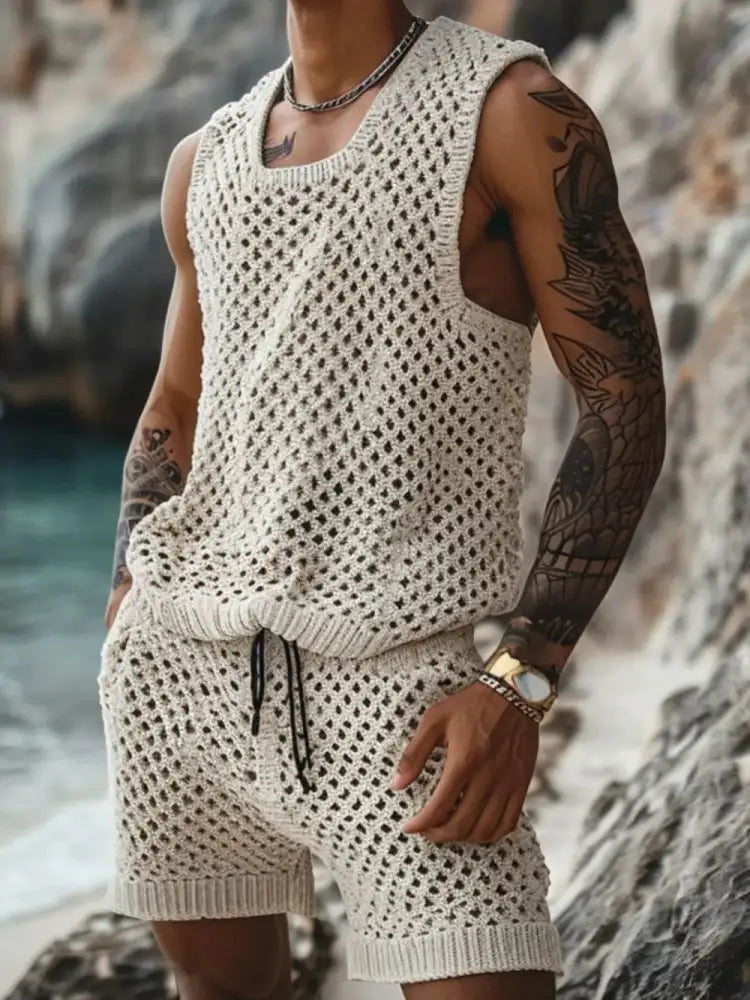 Men’s Plus Size Hollow Out Round Neck Tank and Shorts Set - cream-colored knit tank shorts set