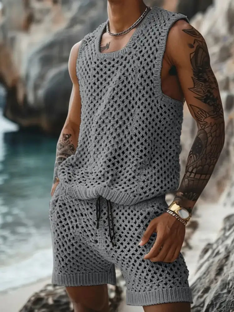 Men’s Plus Size Hollow Out Round Neck Tank and Shorts Set - gray mesh knit tank shorts