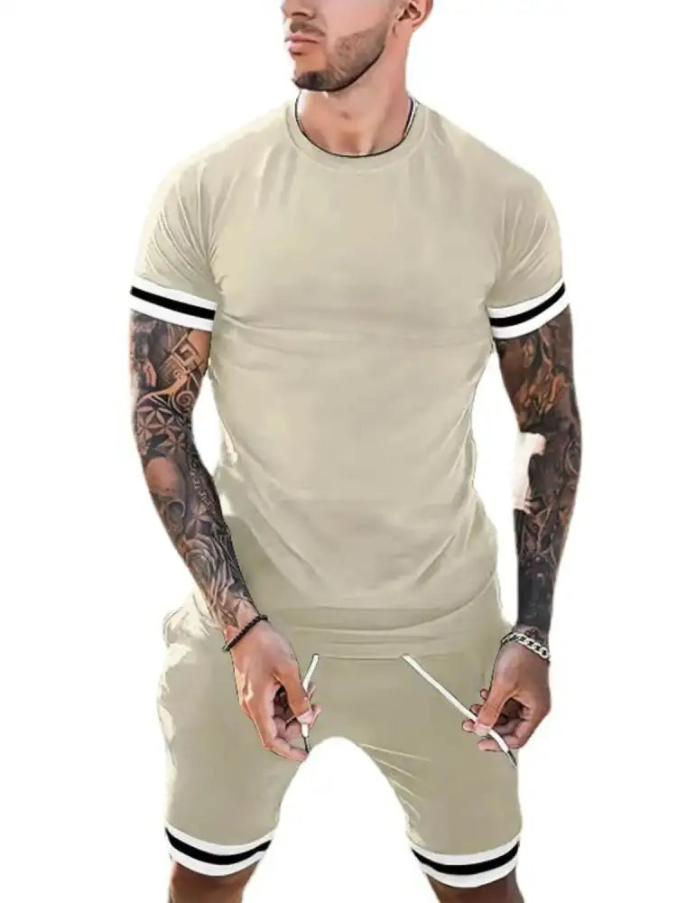 Men’s Plus Size Round Neck Short Sleeve Top and Shorts Set - beige athletic set black white