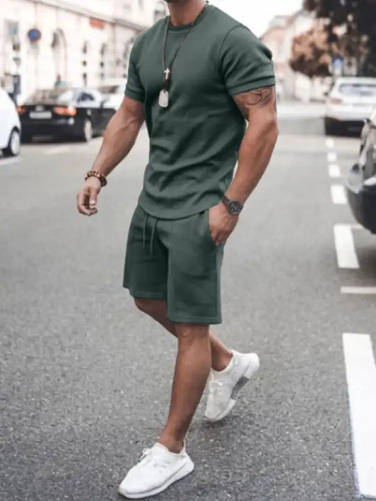 Men’s Plus Size Round Neck Short Sleeve Top and Shorts Set - olive green cotton shorts white