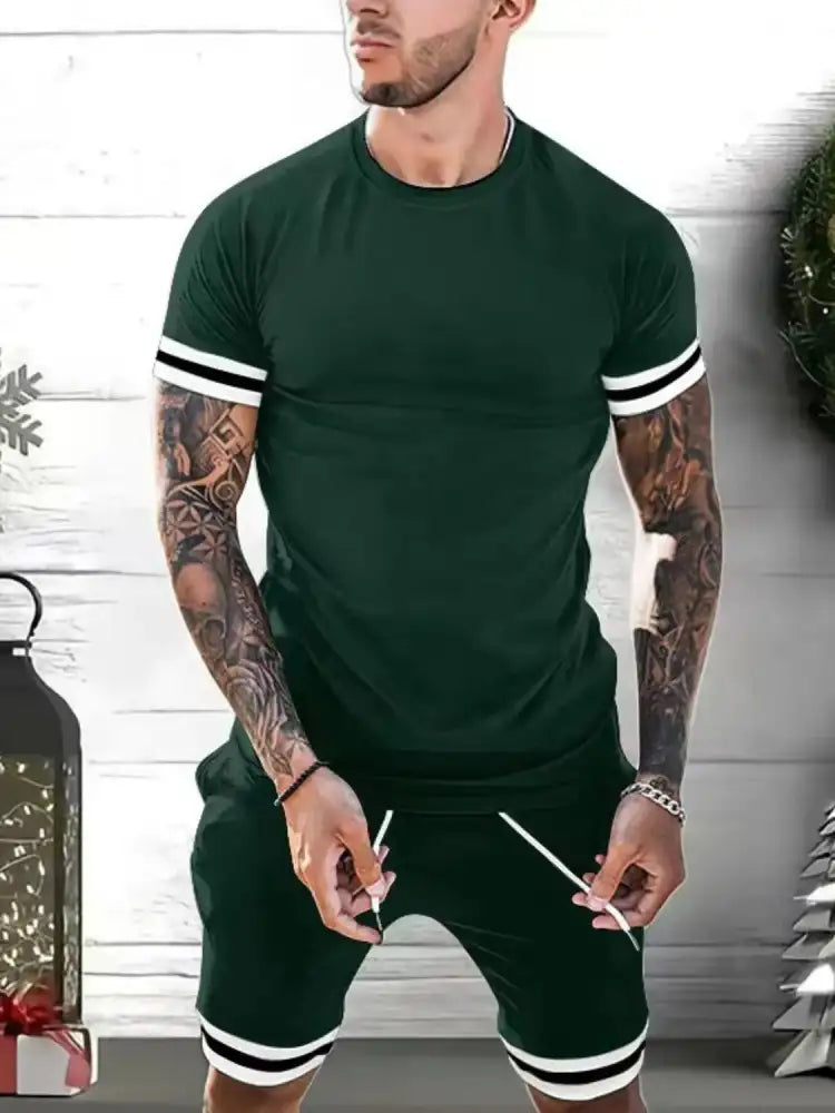 Men’s Plus Size Round Neck Short Sleeve Top and Shorts Set - dark green athletic tracksuit white