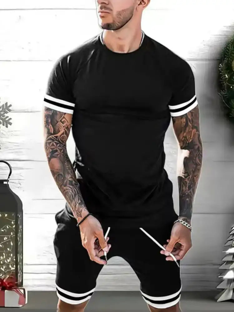 Men’s Plus Size Round Neck Short Sleeve Top and Shorts Set - black white striped athletic shorts