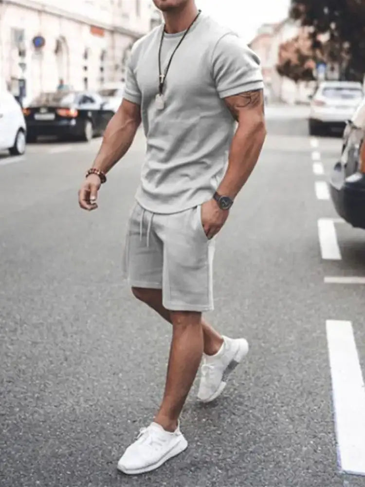 Men’s Plus Size Round Neck Short Sleeve Top and Shorts Set - light gray cotton shorts white