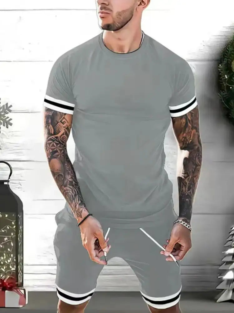 Men’s Plus Size Round Neck Short Sleeve Top and Shorts Set - gray athletic set black white