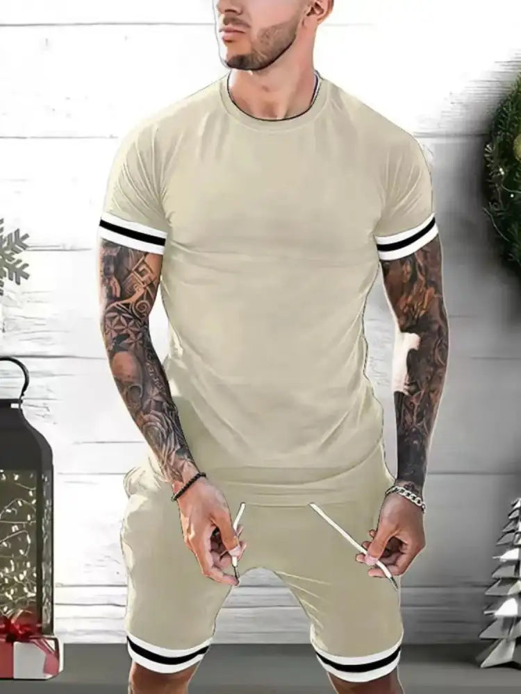 Men’s Plus Size Round Neck Short Sleeve Top and Shorts Set - beige athletic set black white