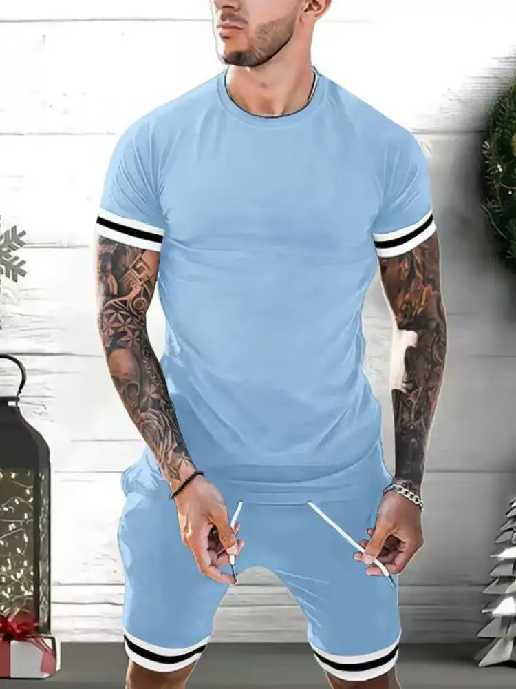 Men’s Plus Size Round Neck Short Sleeve Top and Shorts Set - light blue athletic two-piece set
