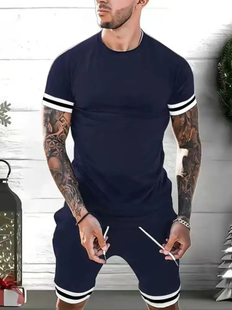 Men’s Plus Size Round Neck Short Sleeve Top and Shorts Set - navy blue white striped men’s