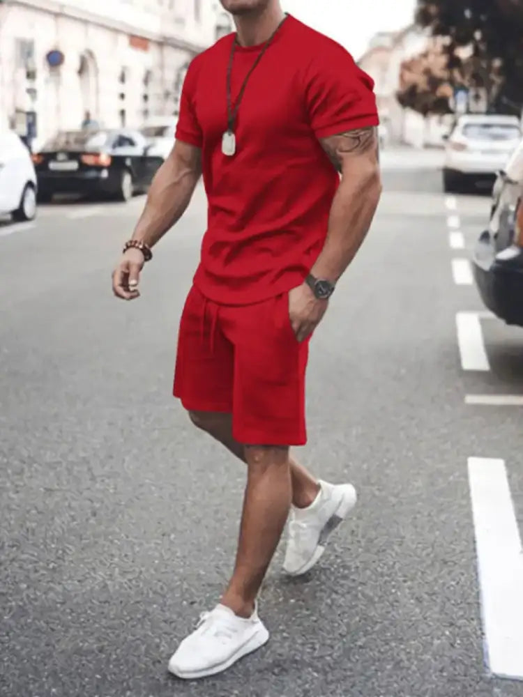 Men’s Plus Size Round Neck Short Sleeve Top and Shorts Set - red cotton shorts white sneakers