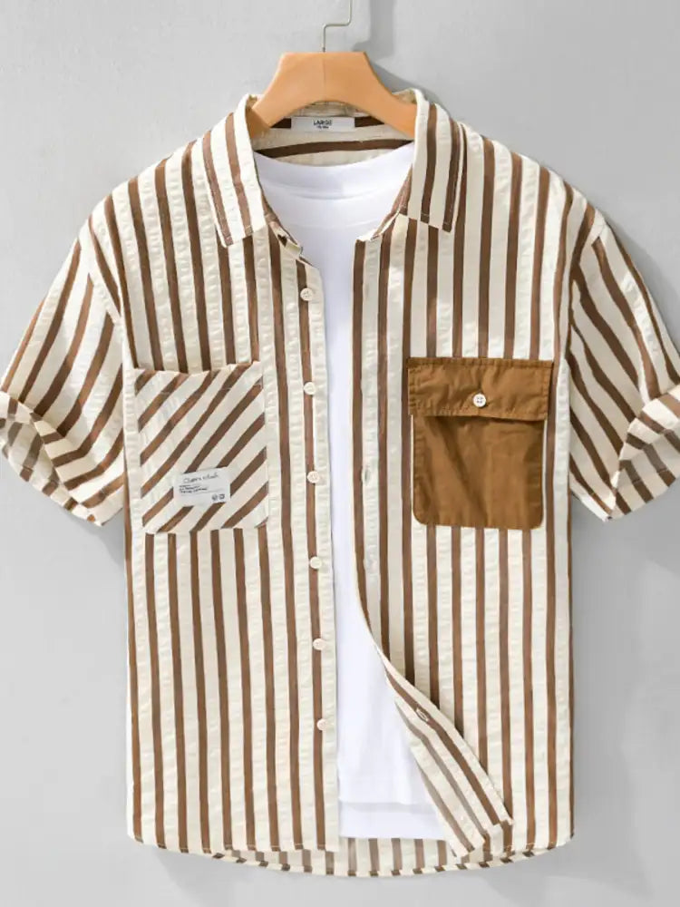 Men’s Plus Size Striped Button Up Short Sleeve Shirt