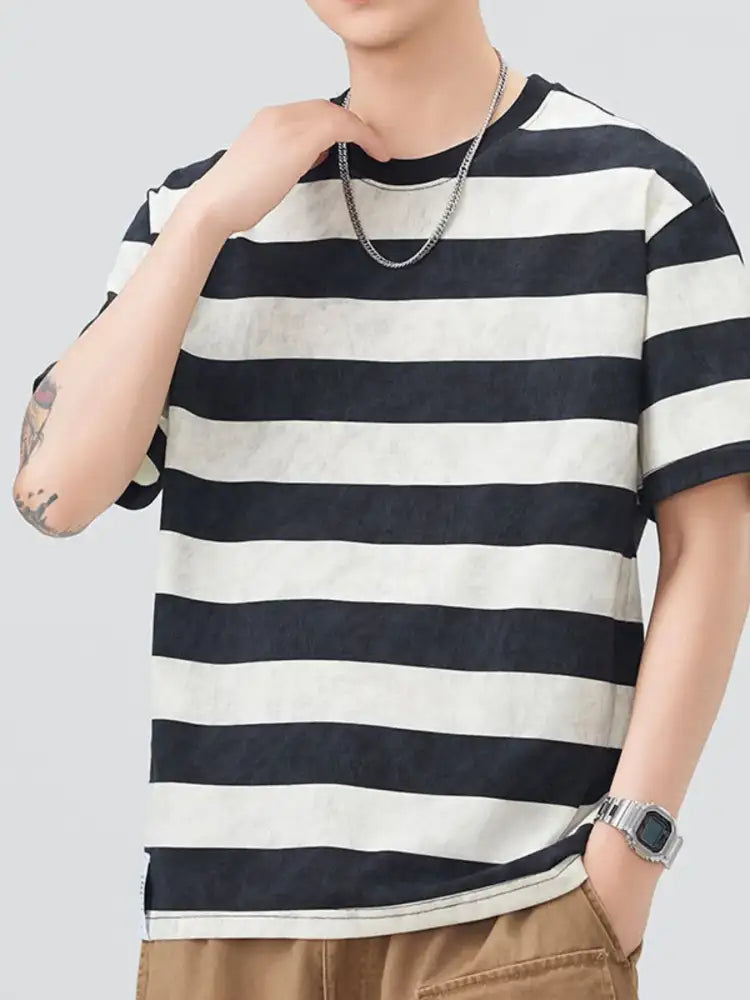 Men’s Plus Size Striped Round Neck Short Sleeve T-Shirt