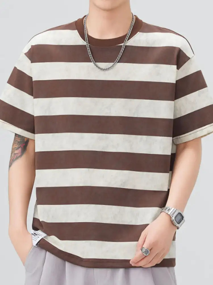 Men’s Plus Size Striped Round Neck Short Sleeve T-Shirt