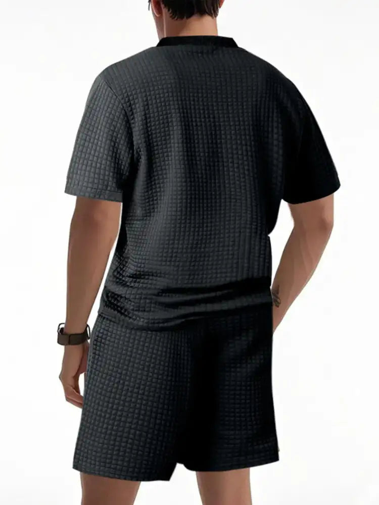 Men’s Textured Round Neck Top and Shorts Set - Green | black gray checkered athletic shorts