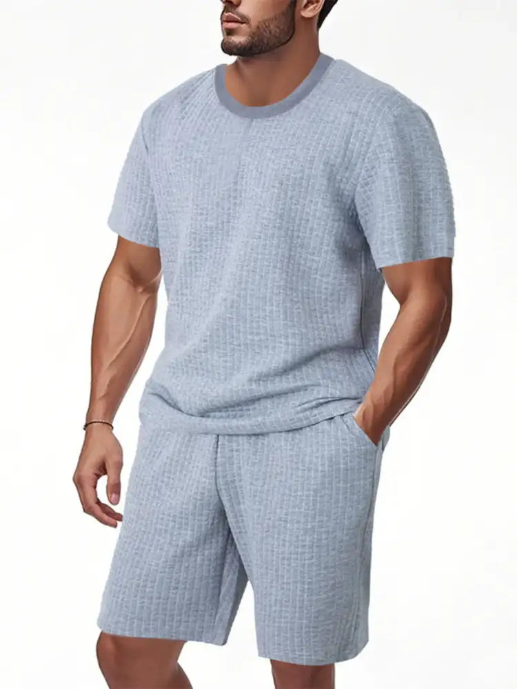 Men’s Textured Round Neck Top and Shorts Set - Green | blue textured shorts ribbed design