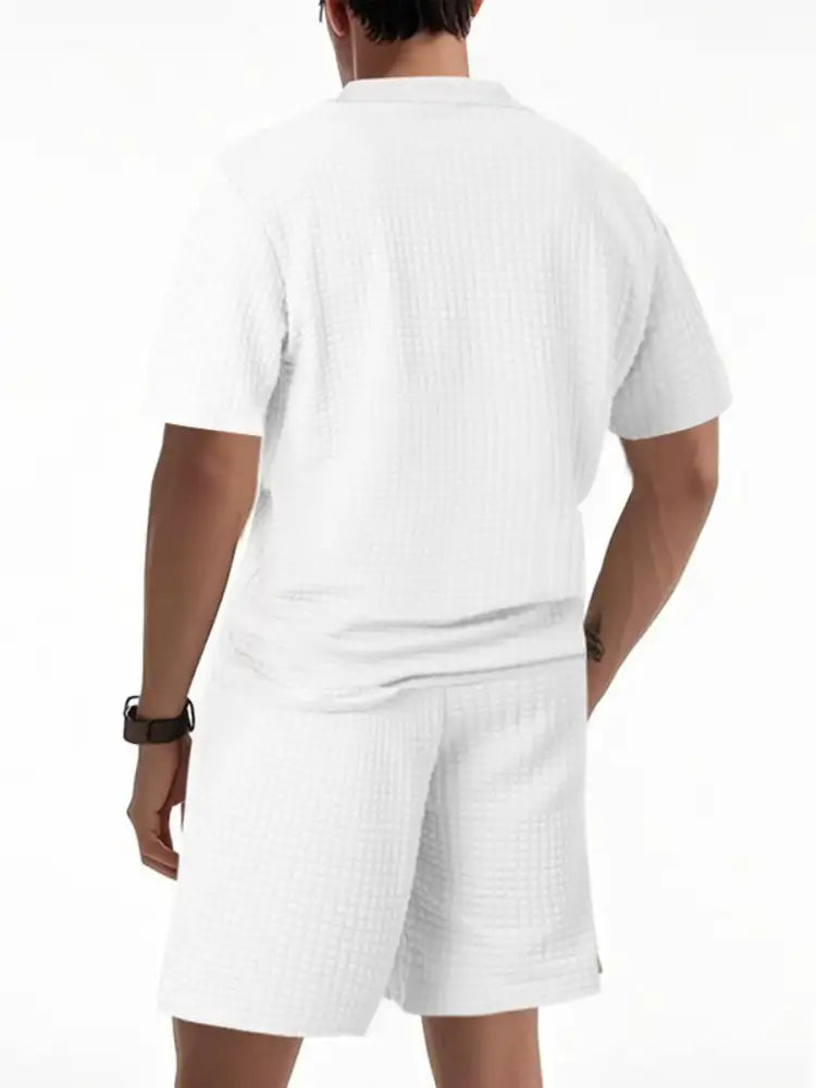 Men’s Textured Round Neck Top and Shorts Set - Green | white textured shorts subtle pattern