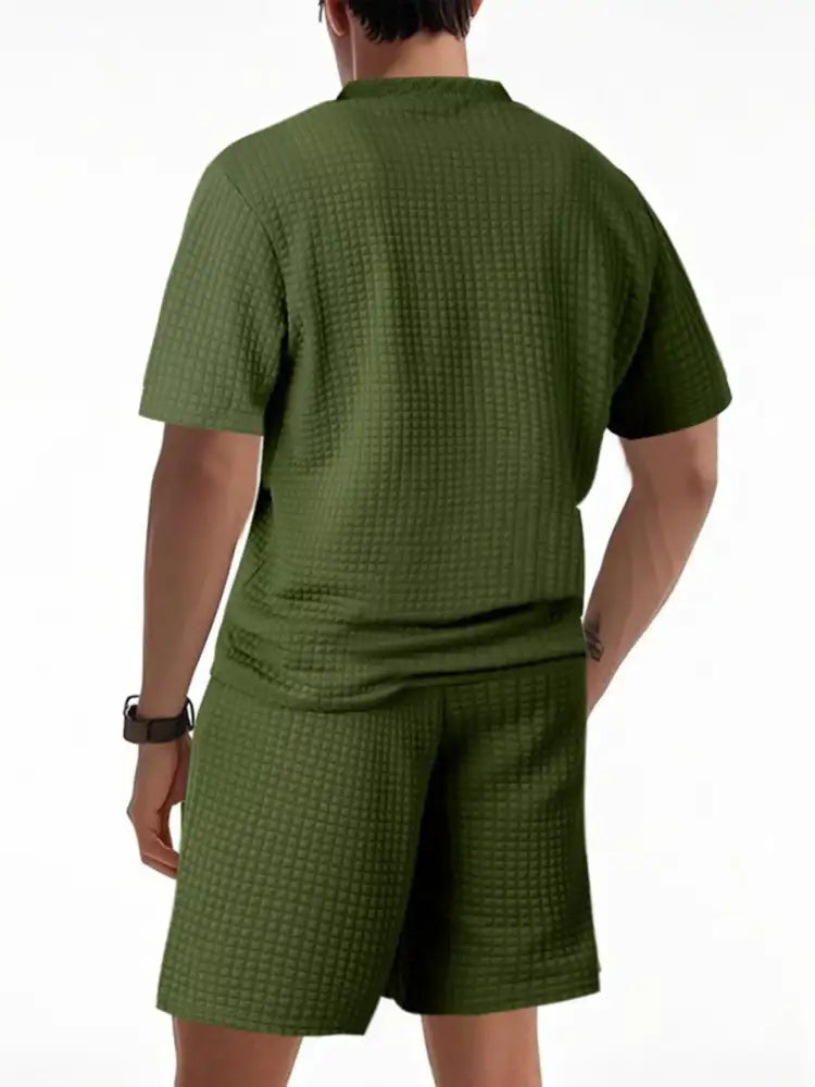 Men’s Textured Round Neck Top and Shorts Set - Green | olive green textured shorts t-shirt