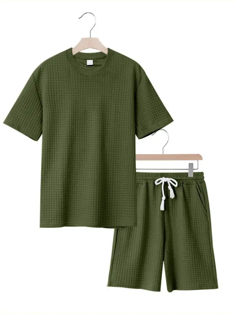 Men’s Textured Round Neck Top and Shorts Set - Green | green waffle-knit pajama set shorts
