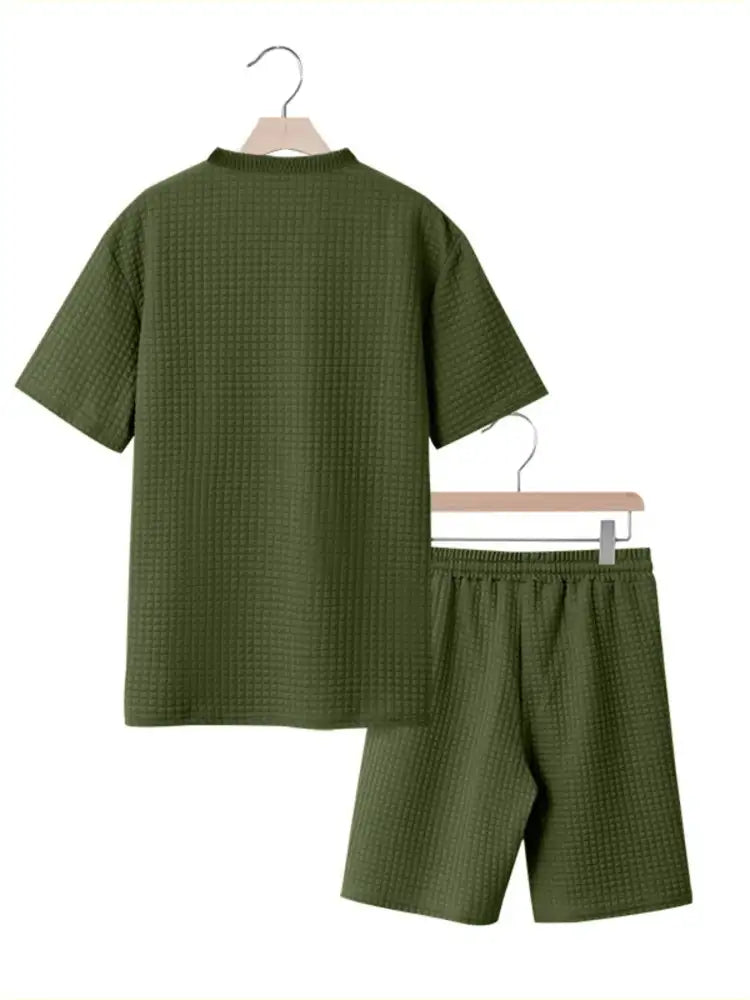 Men’s Textured Round Neck Top and Shorts Set - Green | olive green waffle-knit pajama set