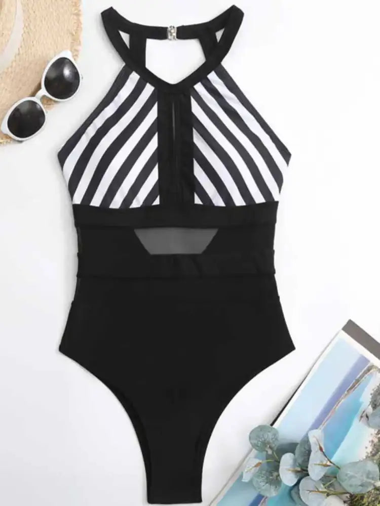 Mesh Detail Backless Striped One-Piece Swimsuit