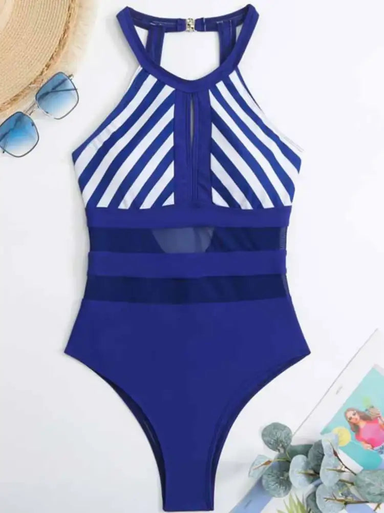 Mesh Detail Backless Striped One-Piece Swimsuit