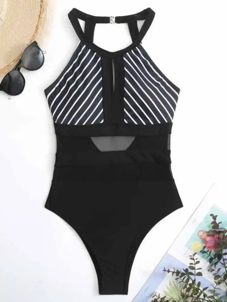 Mesh Detail Backless Striped One-Piece Swimsuit